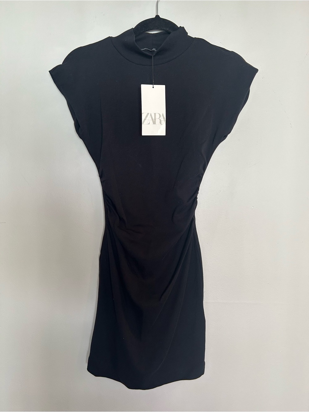 ZARA Black Mock-Neck Ruched Mini Dress